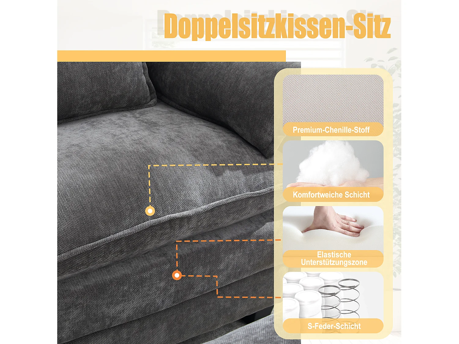 Fauteuil avec repose-pieds et rangement, chenille gris, avec poches latérales et coussins (103x85x91 cm)