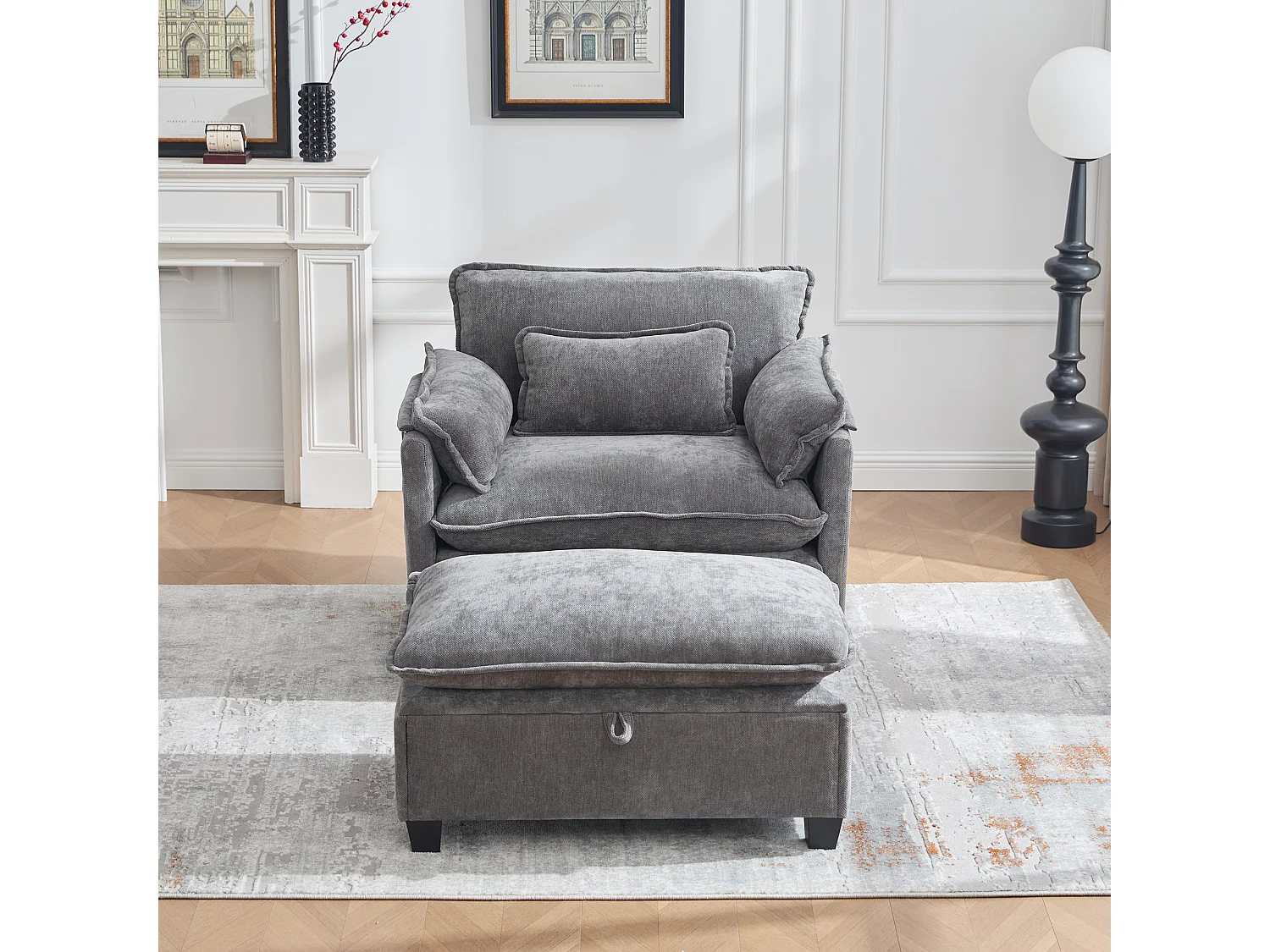 Fauteuil avec repose-pieds et rangement, chenille gris, avec poches latérales et coussins (103x85x91 cm)