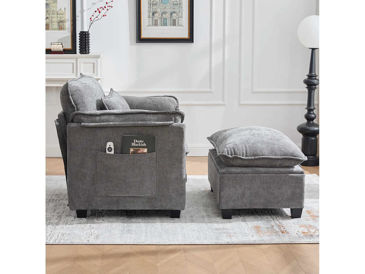 Fauteuil avec repose-pieds et rangement, chenille gris, avec poches latérales et coussins (103x85x91 cm)