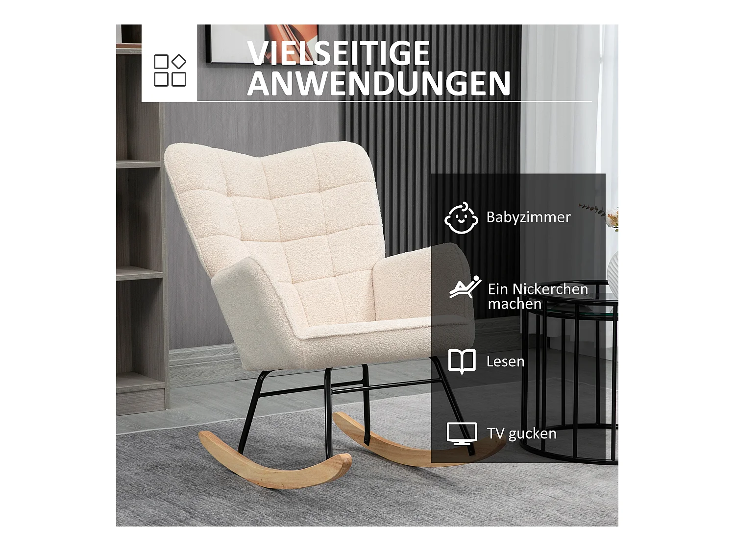 Rocking-chair, Fauteuil Relax avec fonction berceuse, Velours, Beige (71x92x101 cm)