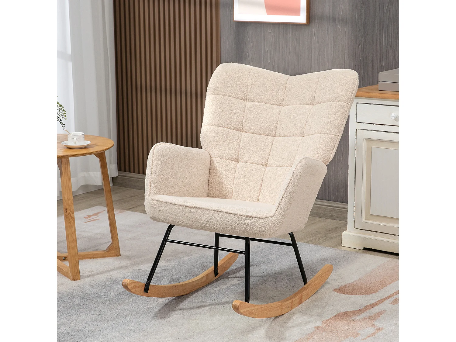 Rocking-chair, Fauteuil Relax avec fonction berceuse, Velours, Beige (71x92x101 cm)