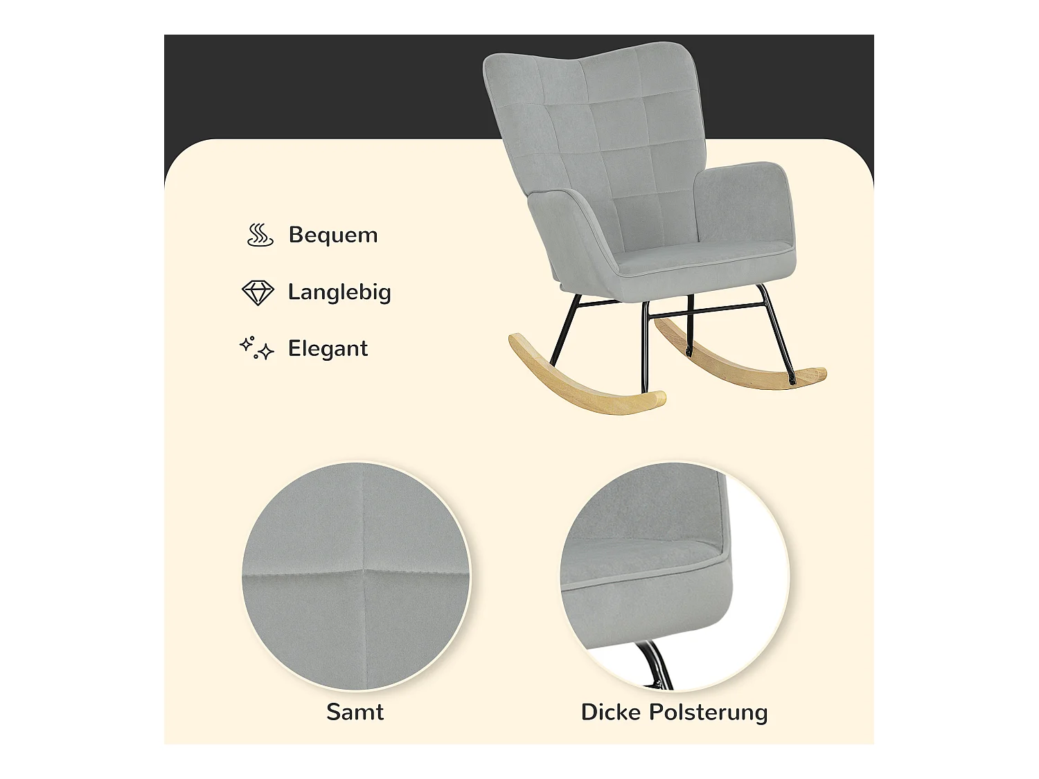 Schaukelstuhl mit Armlehnen, Samtstoff, Holzbeine, hellgrau (71x98x101 cm)