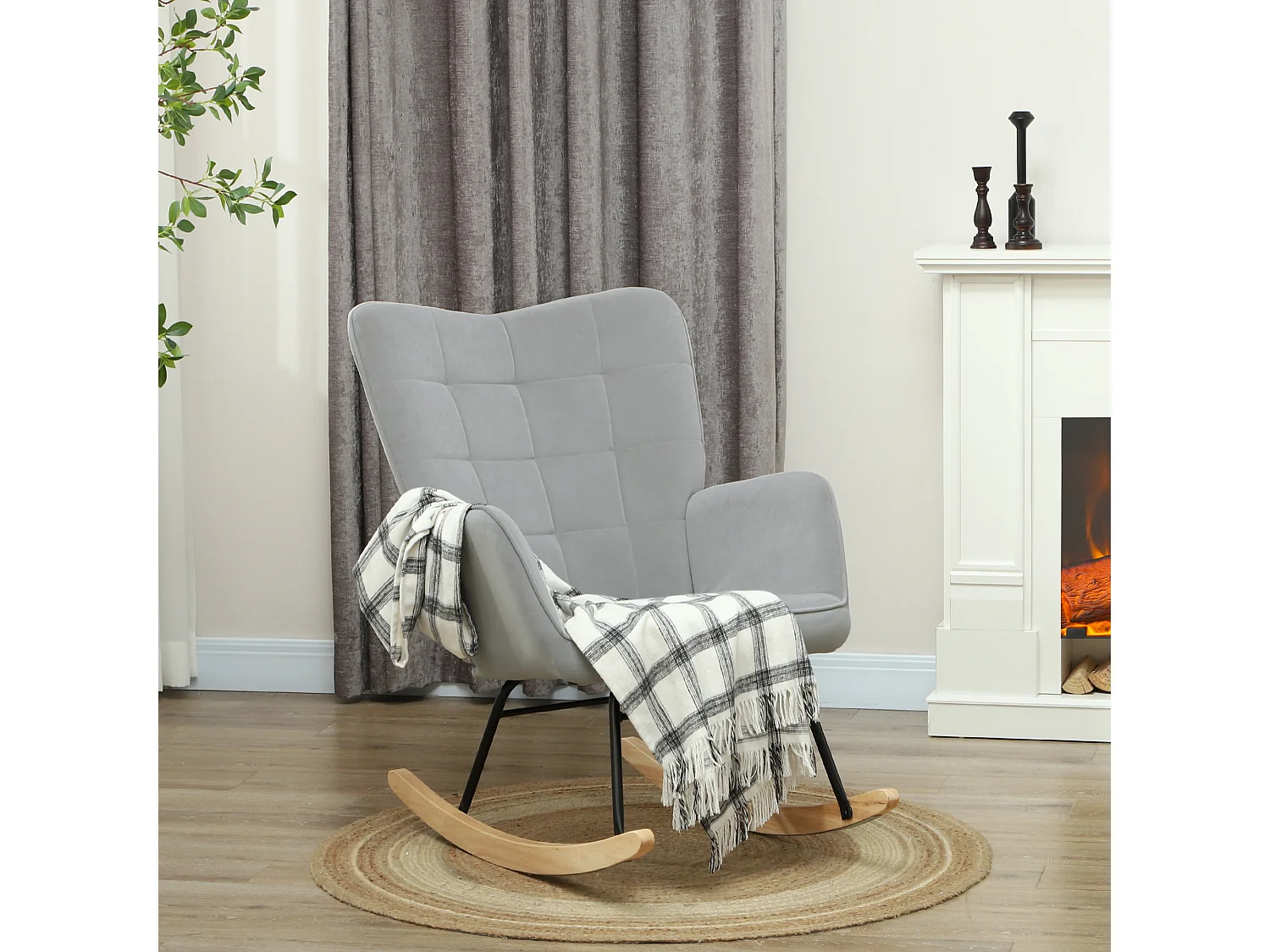 Schaukelstuhl mit Armlehnen, Samtstoff, Holzbeine, hellgrau (71x98x101 cm)