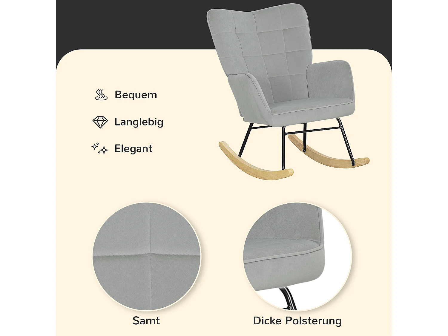 Schaukelstuhl mit Armlehnen, Samtstoff, Holzbeine, hellgrau (71x98x101 cm)