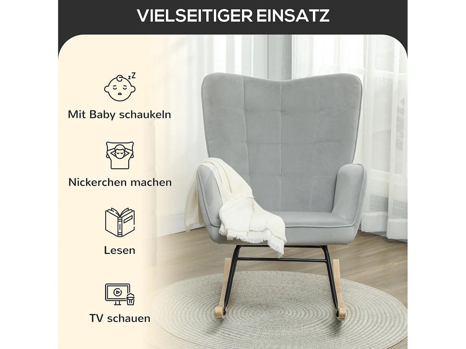 Schaukelstuhl mit Armlehnen, Samtstoff, Holzbeine, hellgrau (71x98x101 cm)