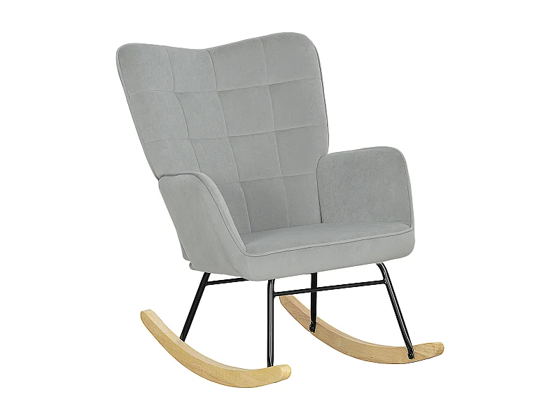 Schaukelstuhl mit Armlehnen, Samtstoff, Holzbeine, hellgrau (71x98x101 cm)