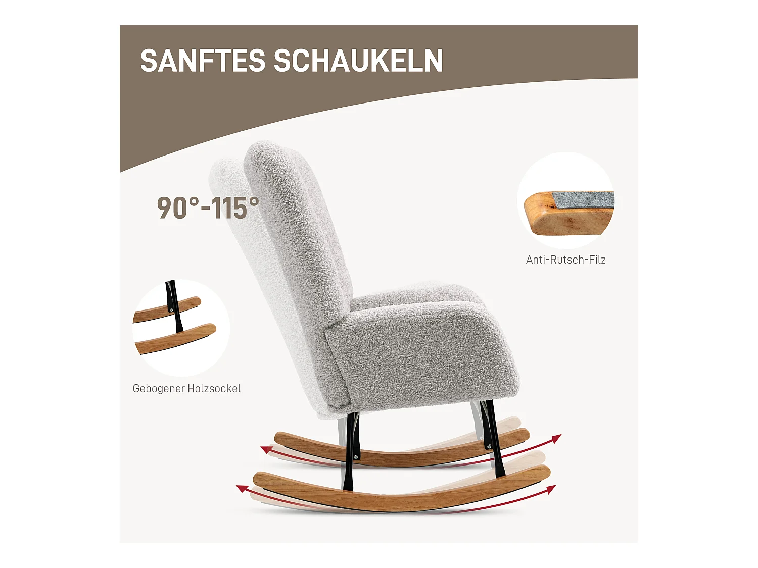 Rocking-chair avec accoudoirs, tissu peluche, bois et métal, gris clair (94x70x100 cm)