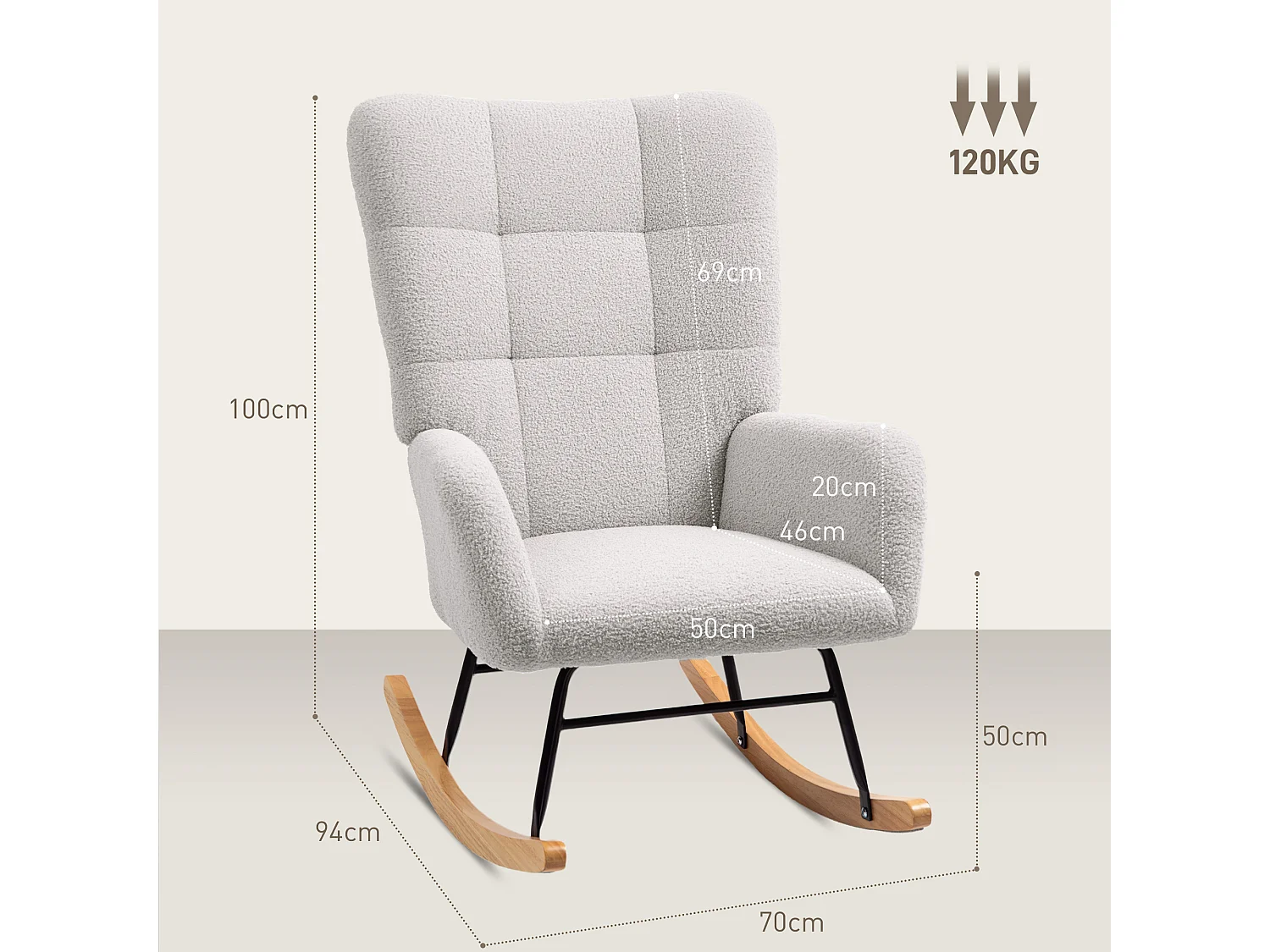 Schaukelstuhl mit Armlehnen, Plüschstoff, Holz und Metall, hellgrau (94x70x100 cm)