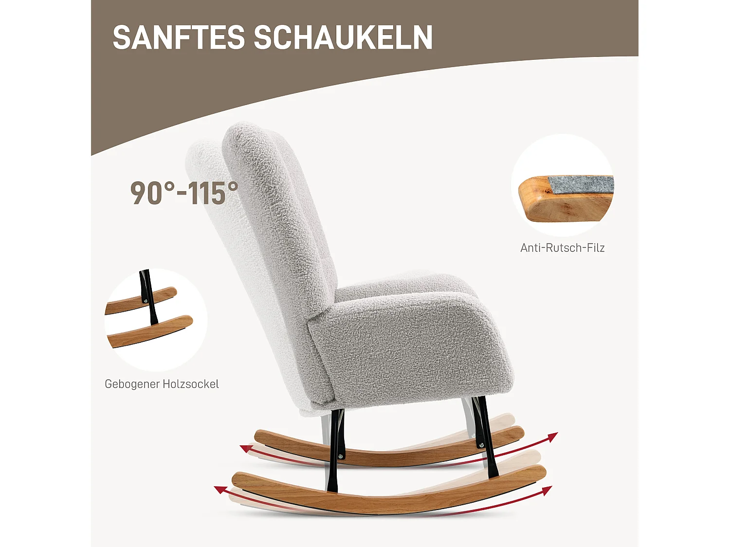 Schaukelstuhl mit Armlehnen, Plüschstoff, Holz und Metall, hellgrau (94x70x100 cm)