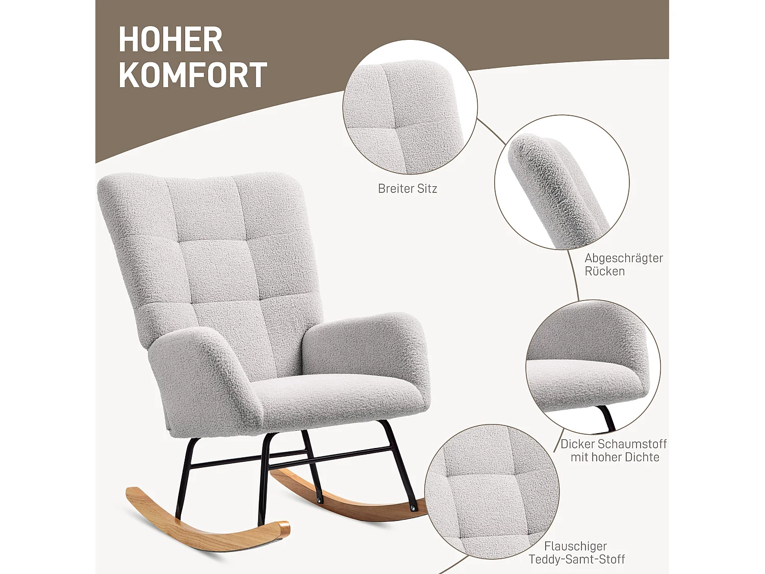 Schaukelstuhl mit Armlehnen, Plüschstoff, Holz und Metall, hellgrau (94x70x100 cm)
