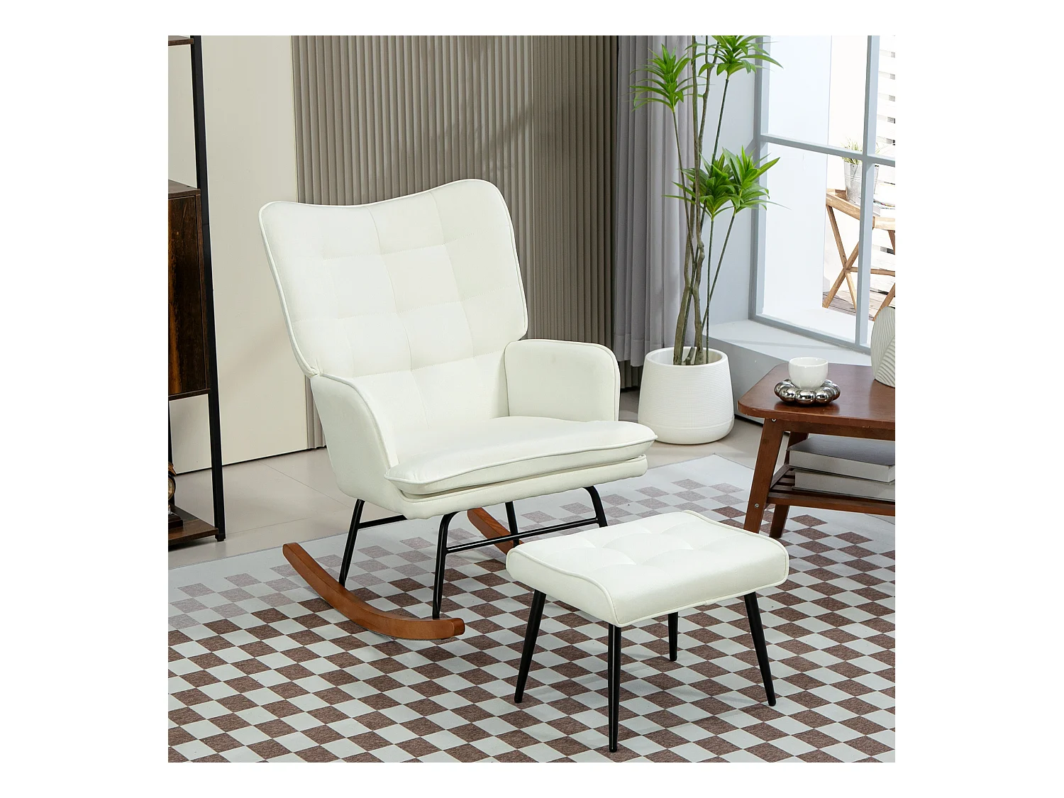 Fauteuil à bascule avec repose-pieds, structure en bois et acier, tissu polyester crème (64x89x90 cm)