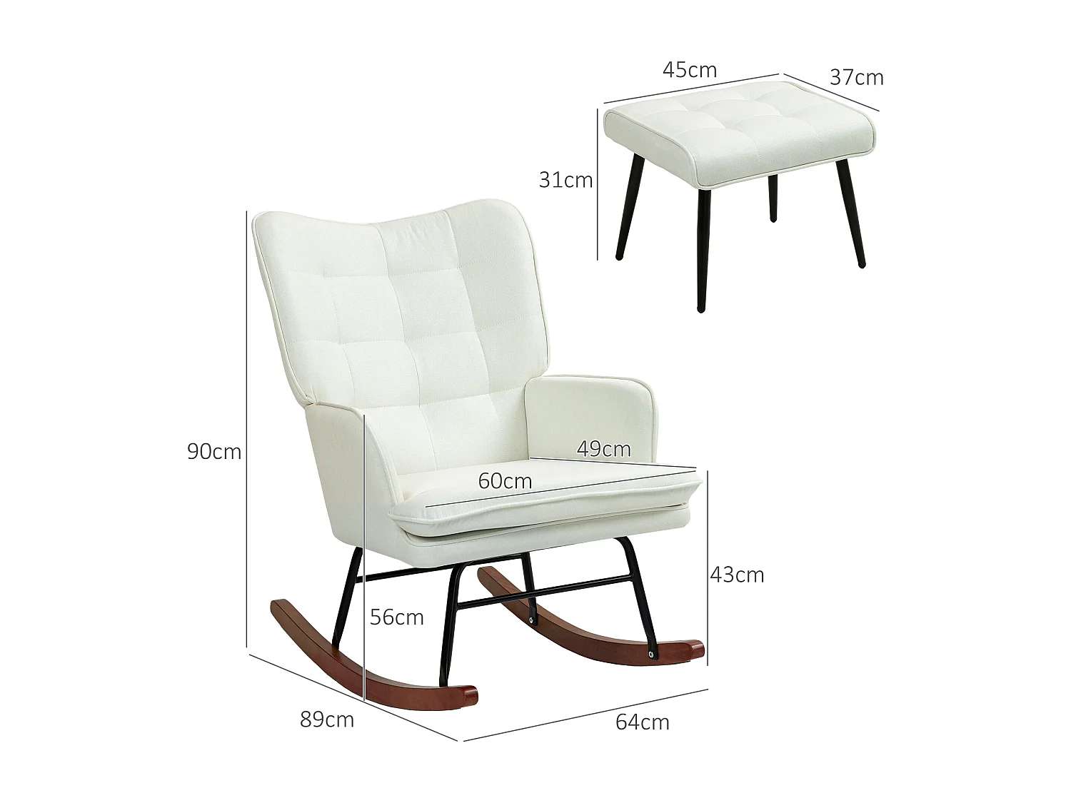 Fauteuil à bascule avec repose-pieds, structure en bois et acier, tissu polyester crème (64x89x90 cm)