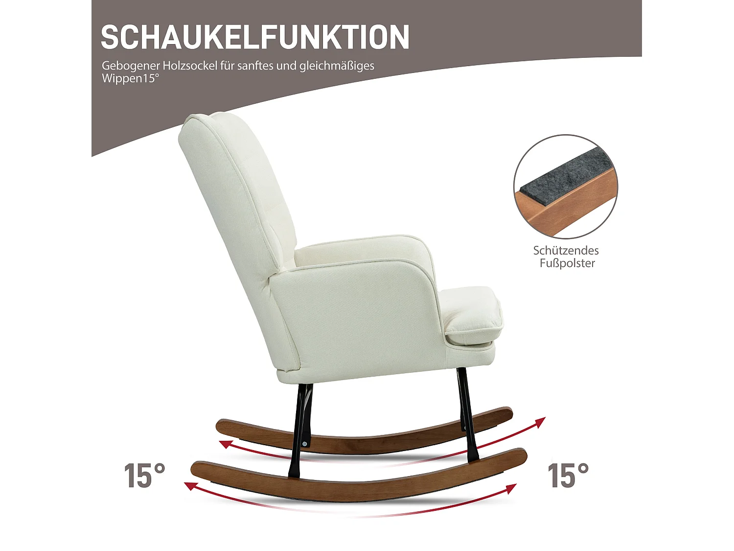 Fauteuil à bascule avec repose-pieds, structure en bois et acier, tissu polyester crème (64x89x90 cm)
