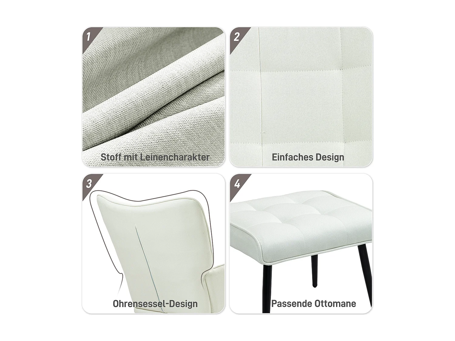 Fauteuil à bascule avec repose-pieds, structure en bois et acier, tissu polyester crème (64x89x90 cm)