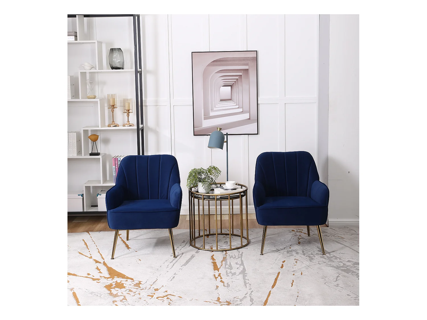 Chaise à bascule en velours, set de 2, bois massif, bleu foncé (64x73x78 cm)