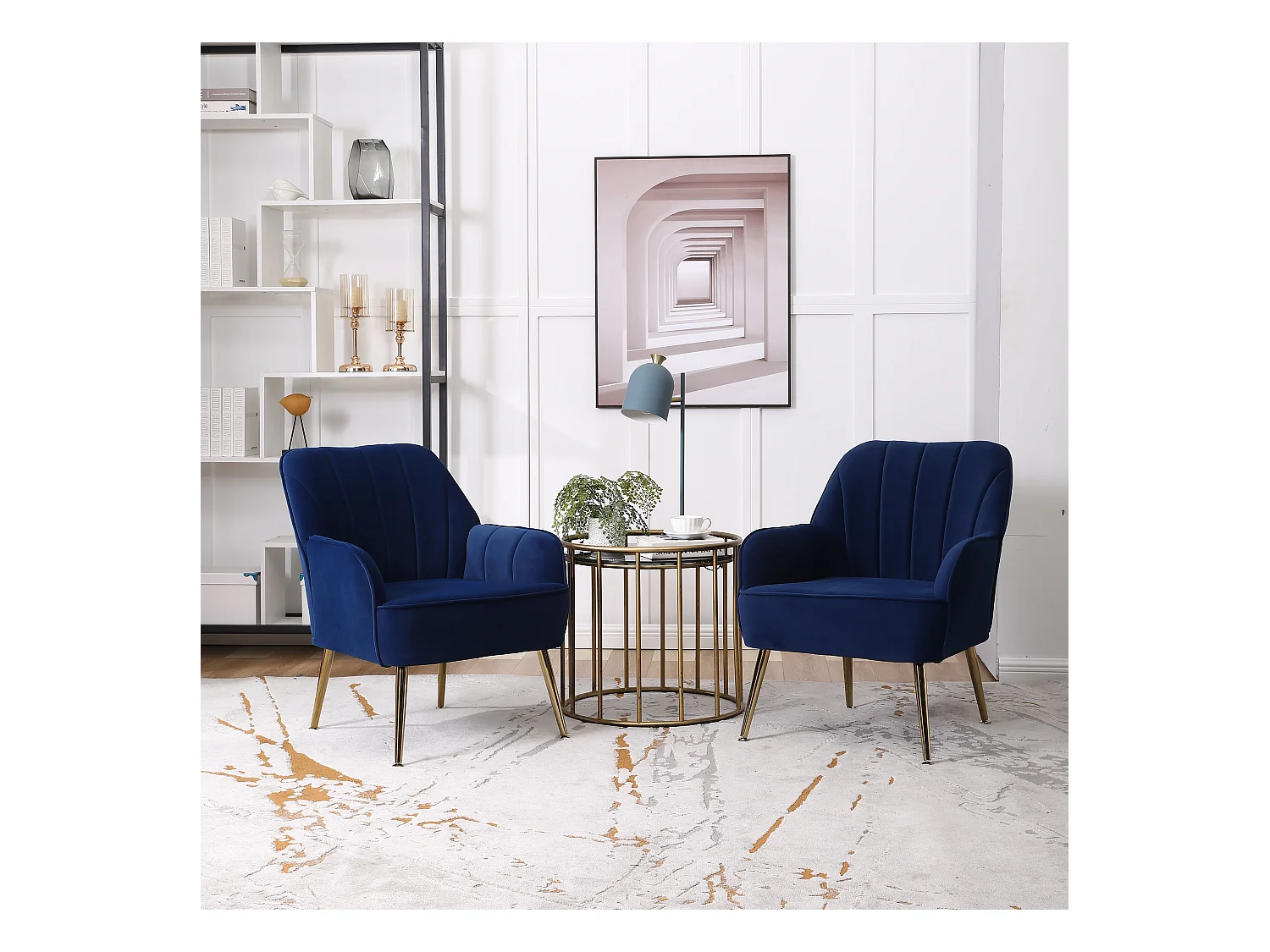 Chaise à bascule en velours, set de 2, bois massif, bleu foncé (64x73x78 cm)