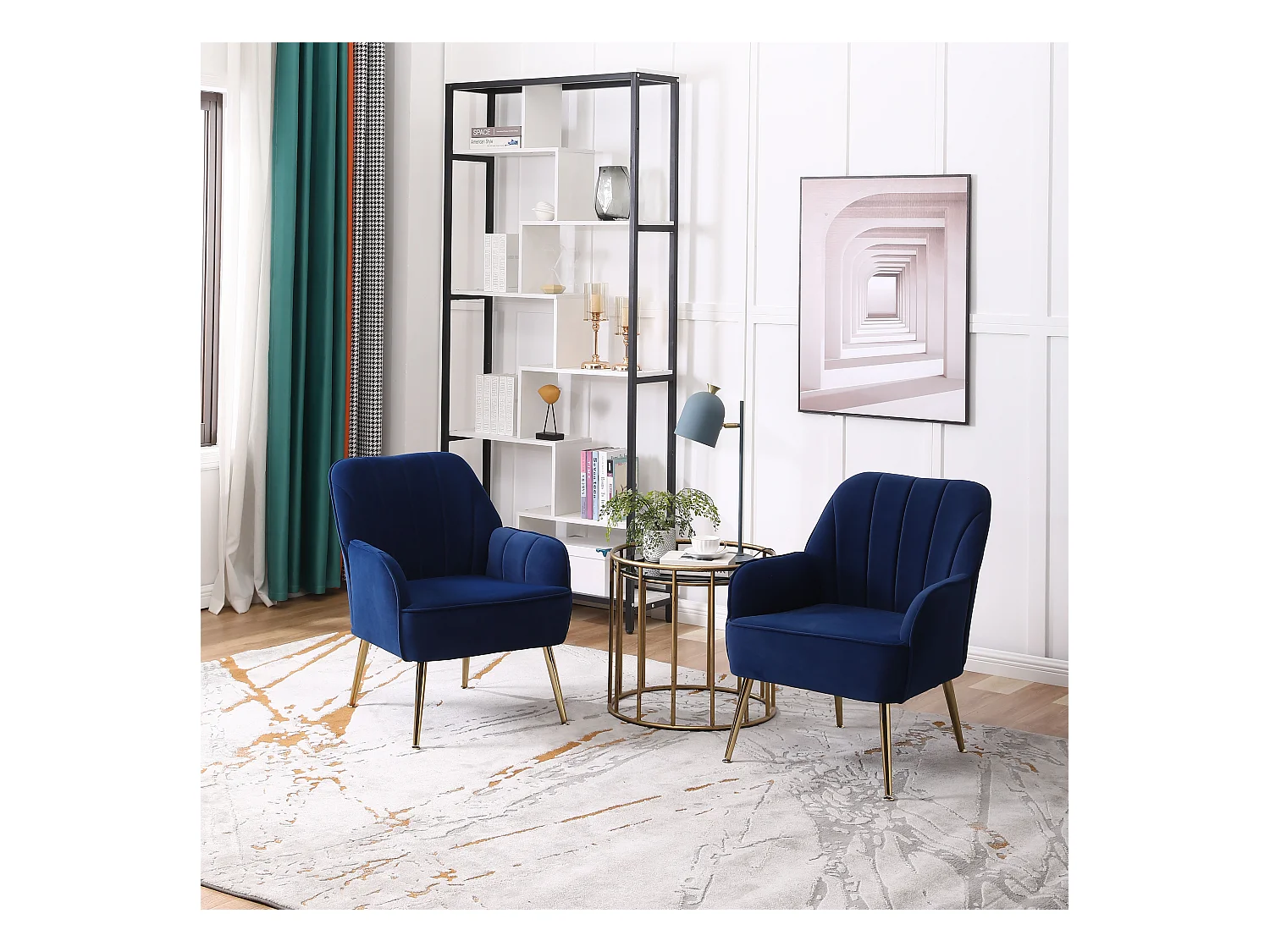 Chaise à bascule en velours, set de 2, bois massif, bleu foncé (64x73x78 cm)