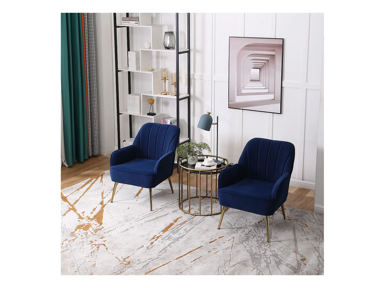 Chaise à bascule en velours, set de 2, bois massif, bleu foncé (64x73x78 cm)