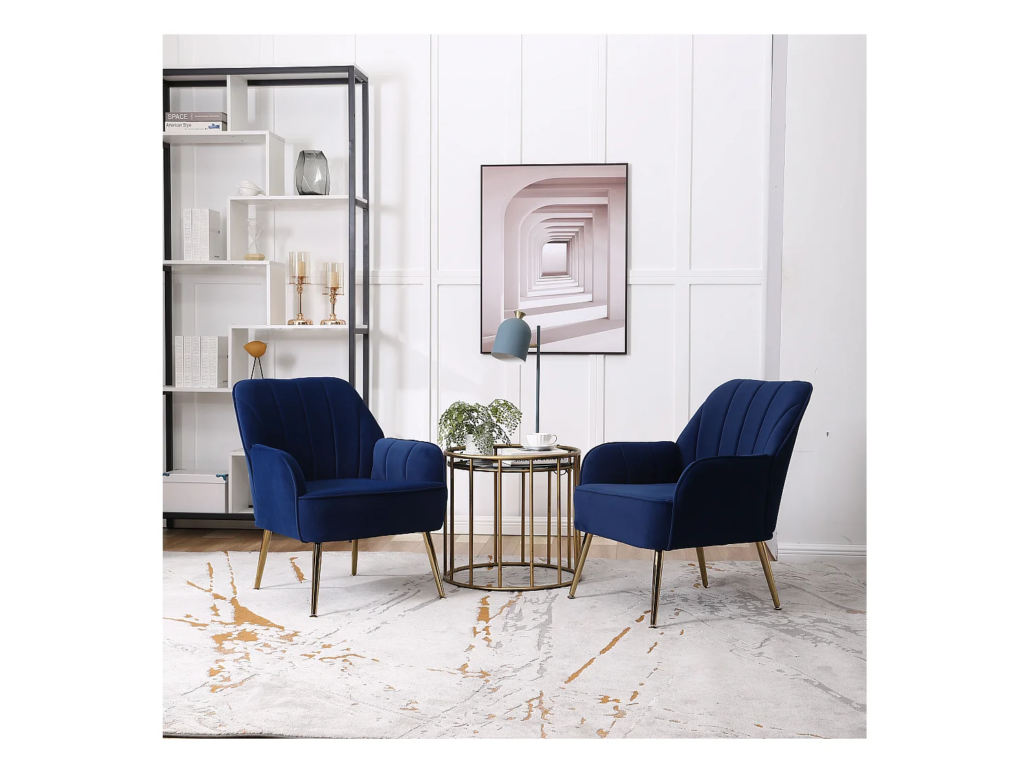 Chaise à bascule en velours, set de 2, bois massif, bleu foncé (64x73x78 cm)