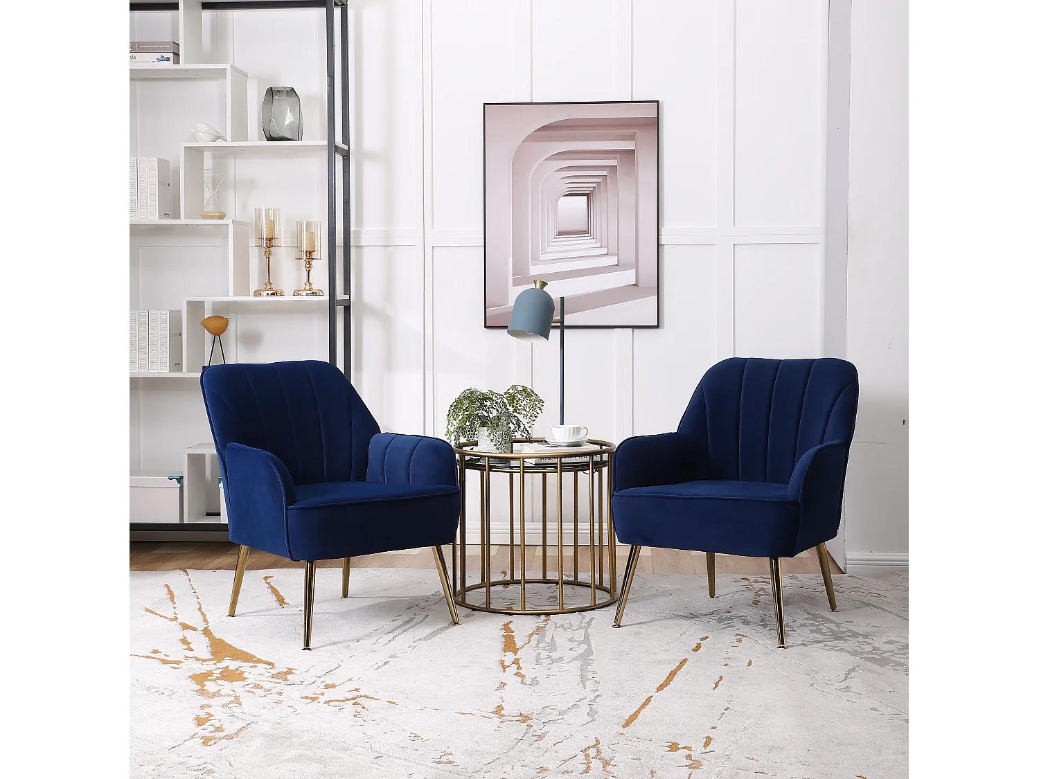 Chaise à bascule en velours, set de 2, bois massif, bleu foncé (64x73x78 cm)