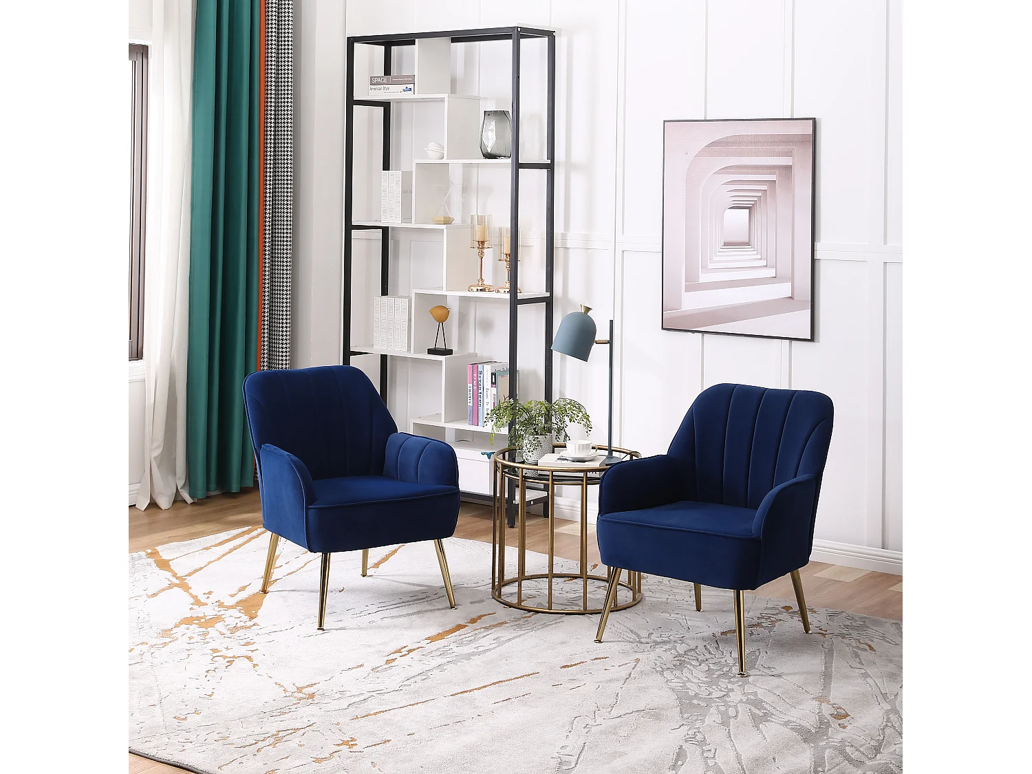 Chaise à bascule en velours, set de 2, bois massif, bleu foncé (64x73x78 cm)