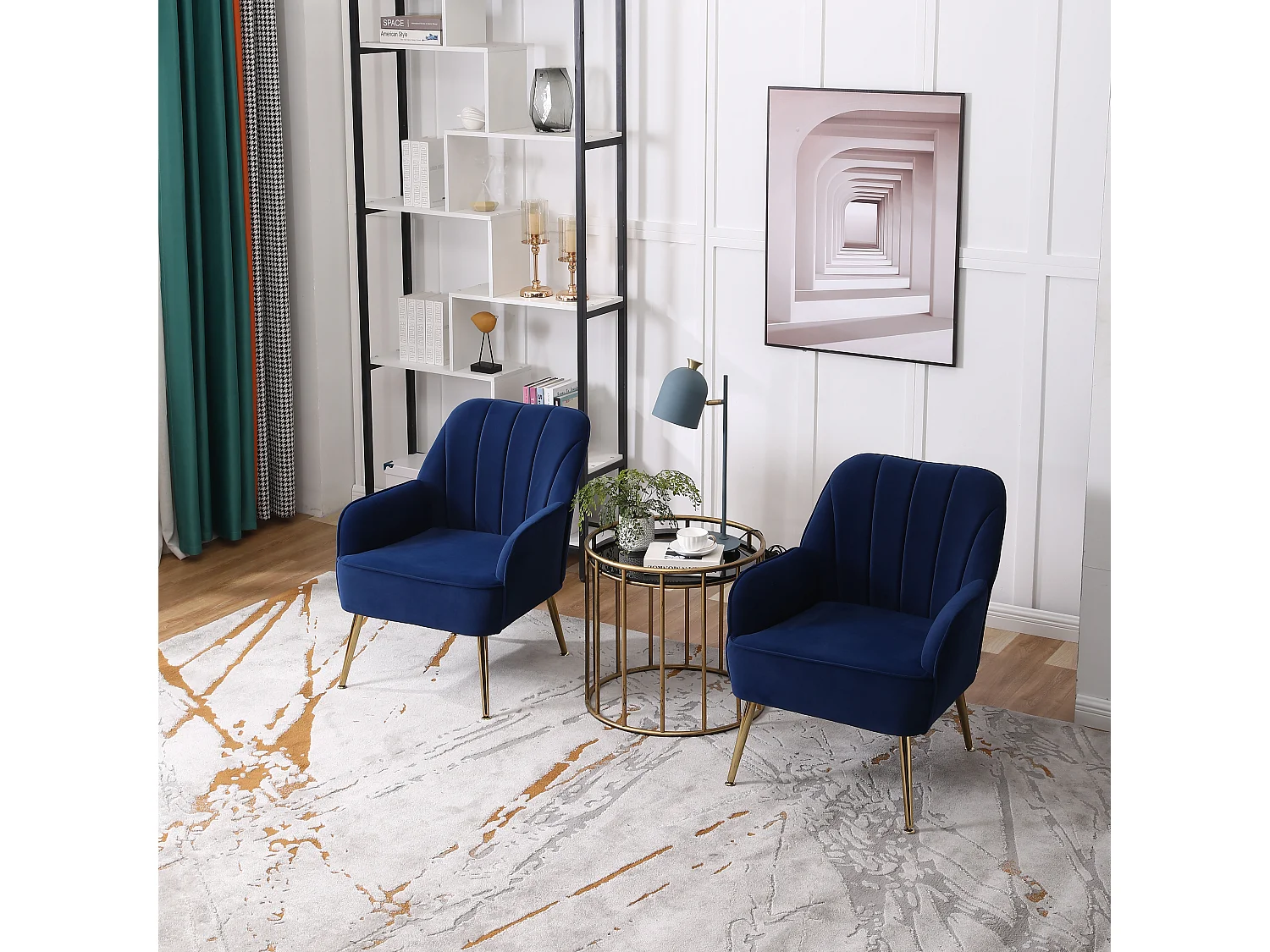 Chaise à bascule en velours, set de 2, bois massif, bleu foncé (64x73x78 cm)