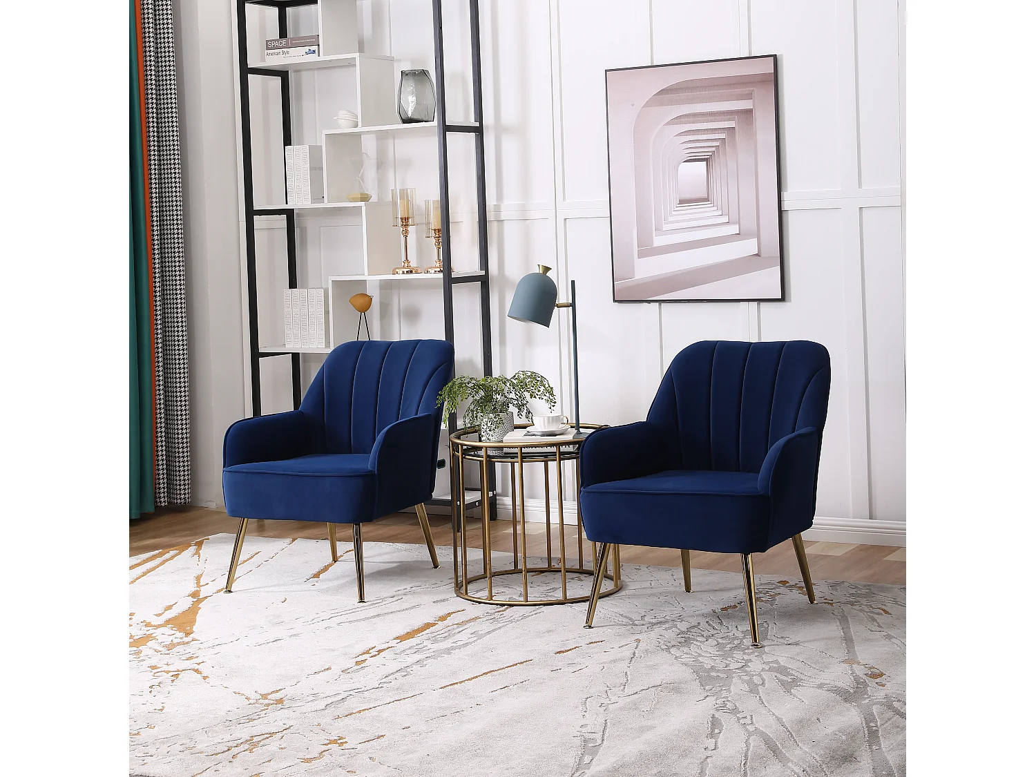 Chaise à bascule en velours, set de 2, bois massif, bleu foncé (64x73x78 cm)