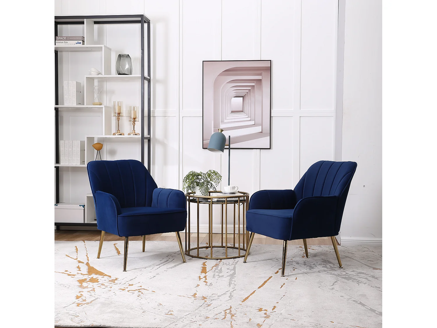 Chaise à bascule en velours, set de 2, bois massif, bleu foncé (64x73x78 cm)