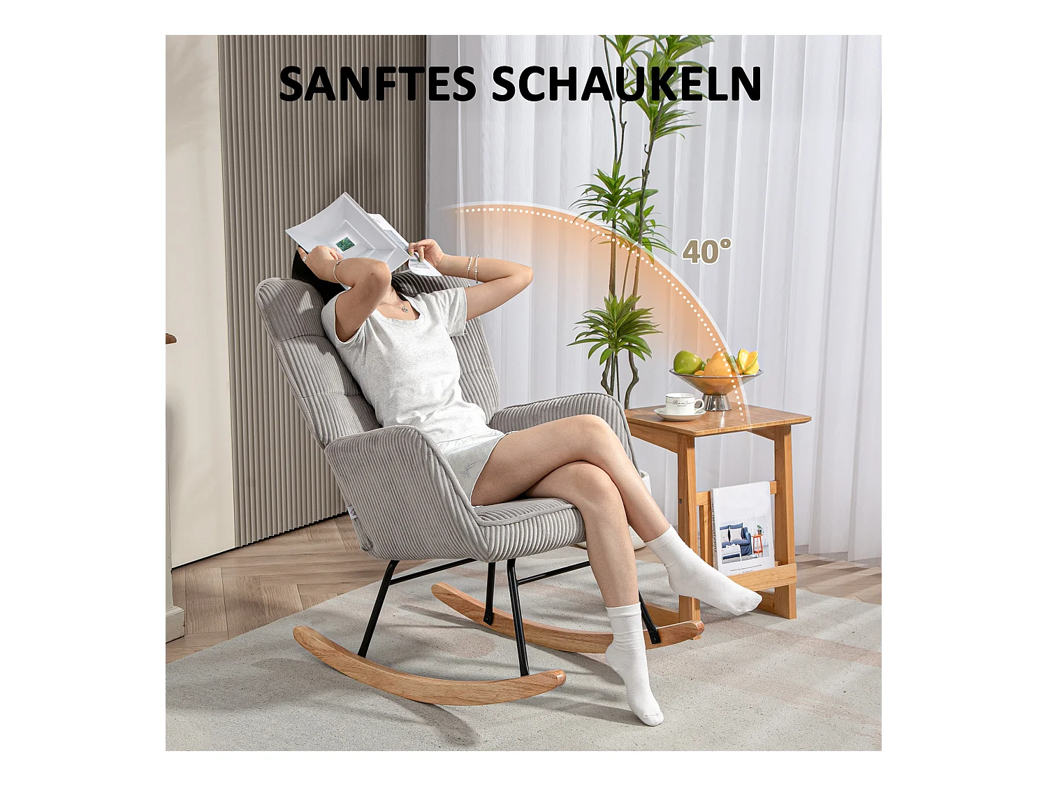Rocking chair, fauteuil avec repose-pieds, dossier réglable, tissu gris (98x71x101 cm)