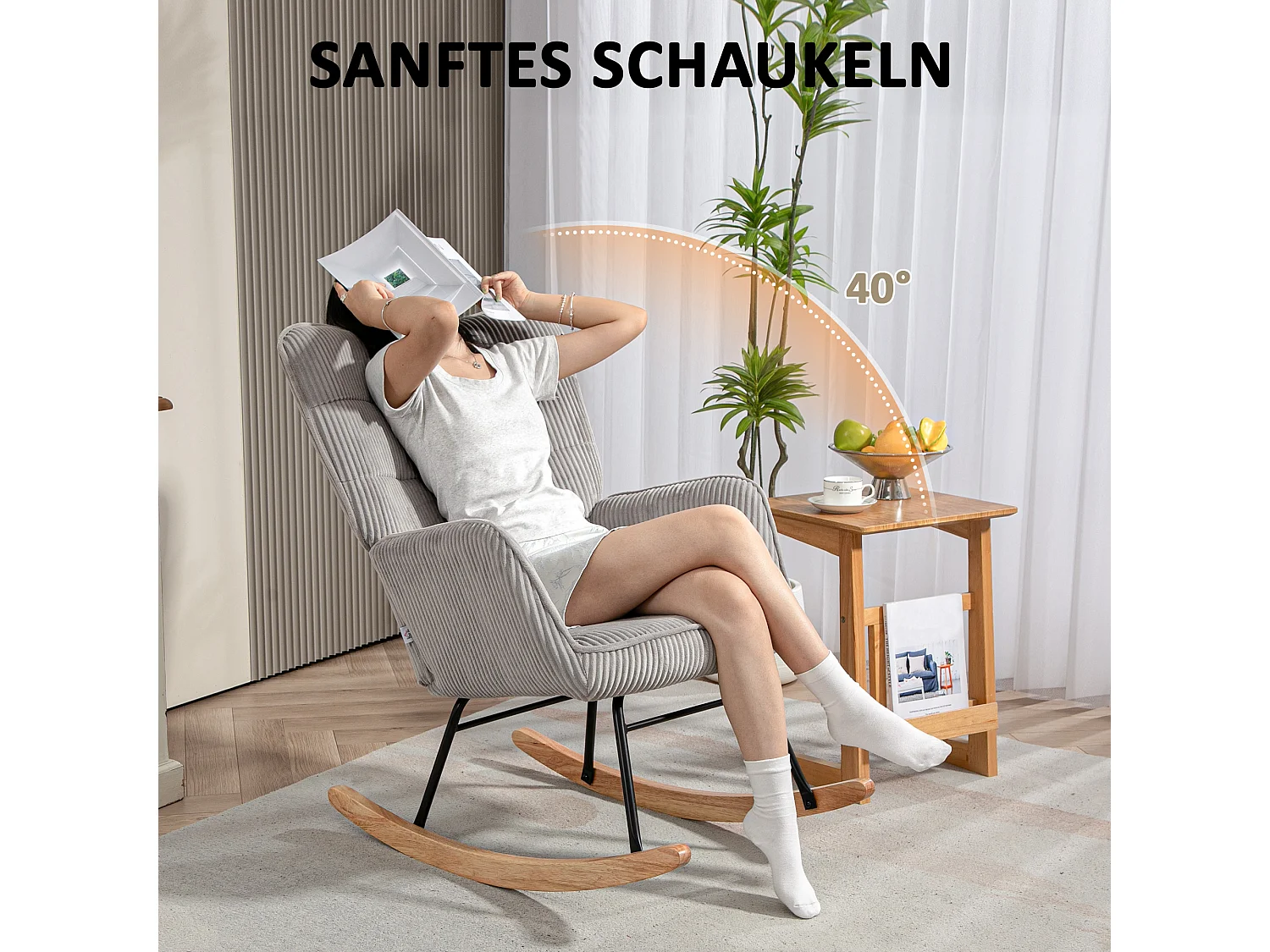 Rocking chair, fauteuil avec repose-pieds, dossier réglable, tissu gris (98x71x101 cm)