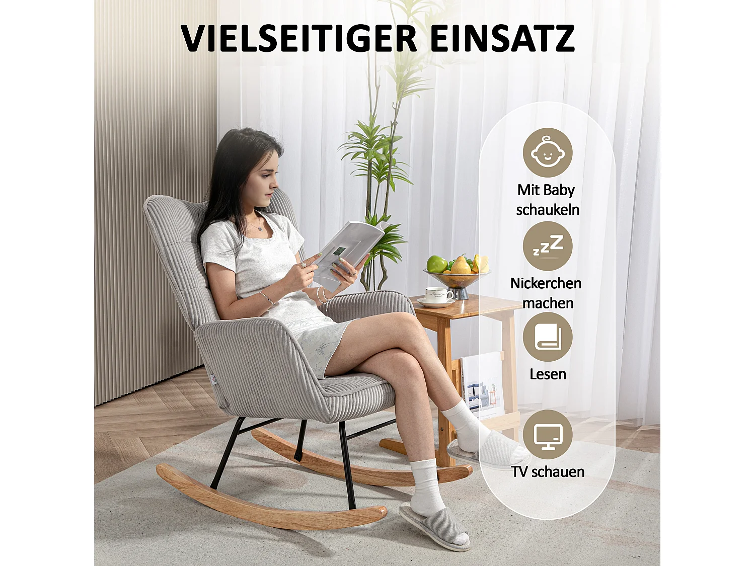 Rocking chair, fauteuil avec repose-pieds, dossier réglable, tissu gris (98x71x101 cm)