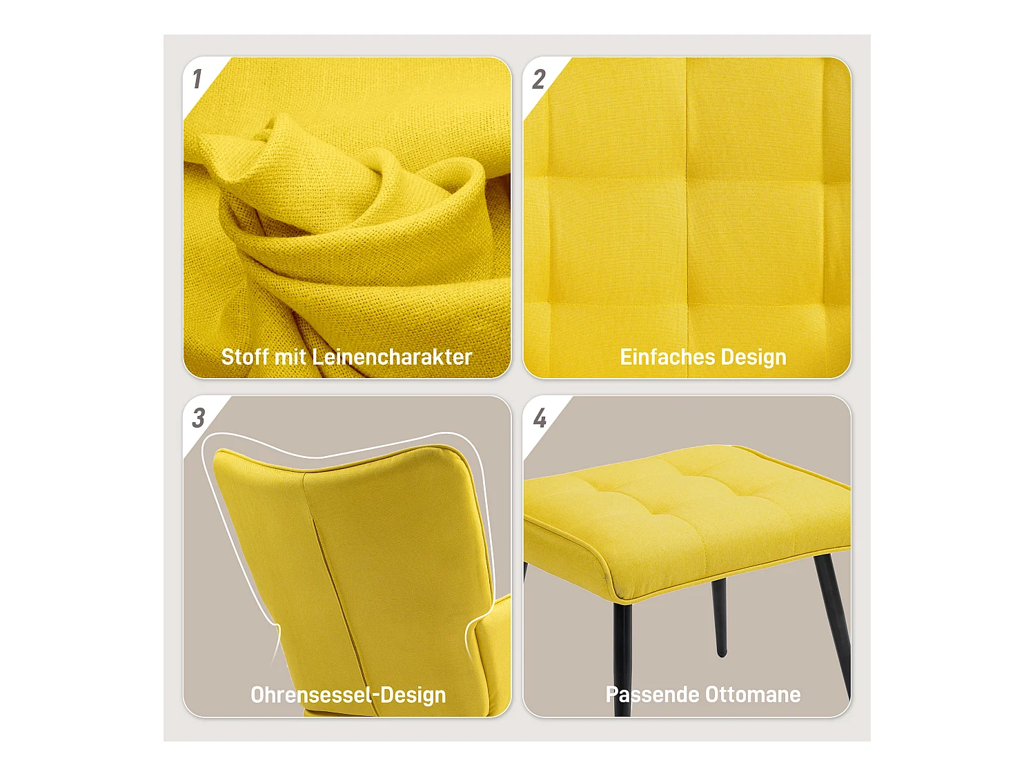 Fauteuil à bascule avec ottoman, tissu lin, beige, avec accoudoirs, jusqu'à 130 kg (64x89x90 cm)