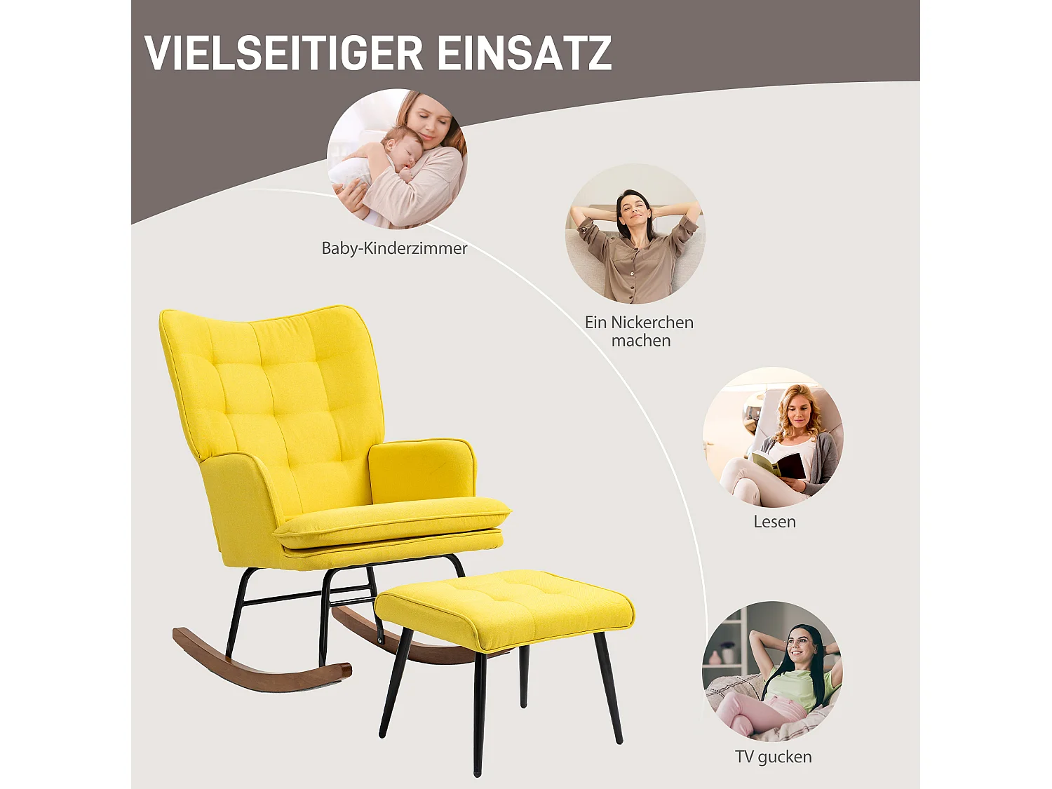 Fauteuil à bascule avec ottoman, tissu lin, beige, avec accoudoirs, jusqu'à 130 kg (64x89x90 cm)