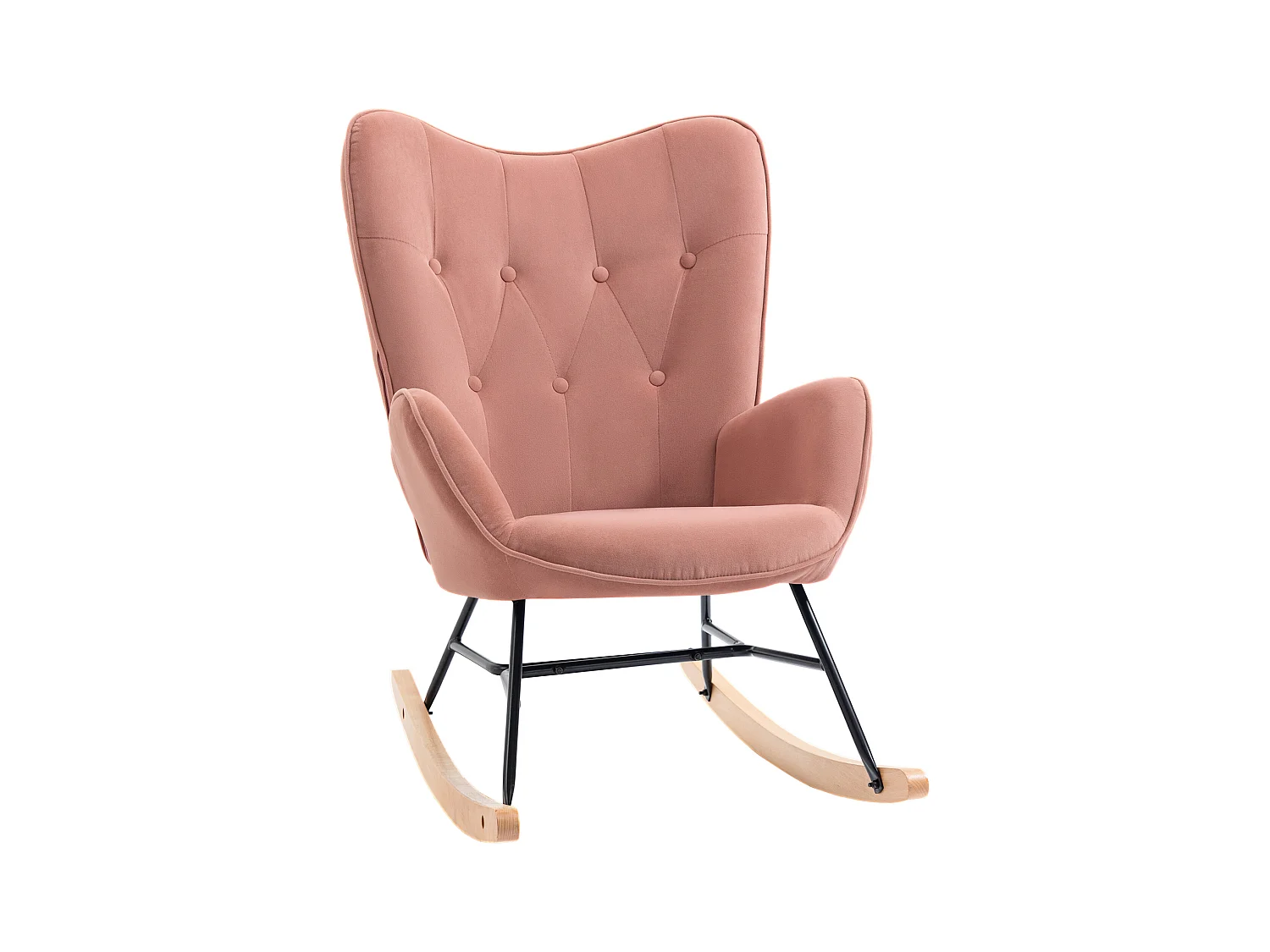 Fauteuil à bascule 2-en-1, dossier haut, structure acier, polyester velours, pieds bois gomme, rose (65x70x96cm)