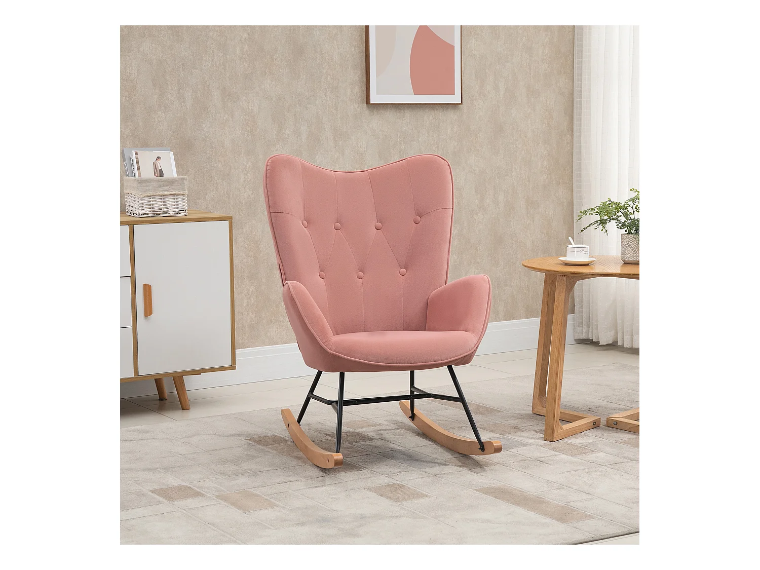 Fauteuil à bascule 2-en-1, dossier haut, structure acier, polyester velours, pieds bois gomme, rose (65x70x96cm)
