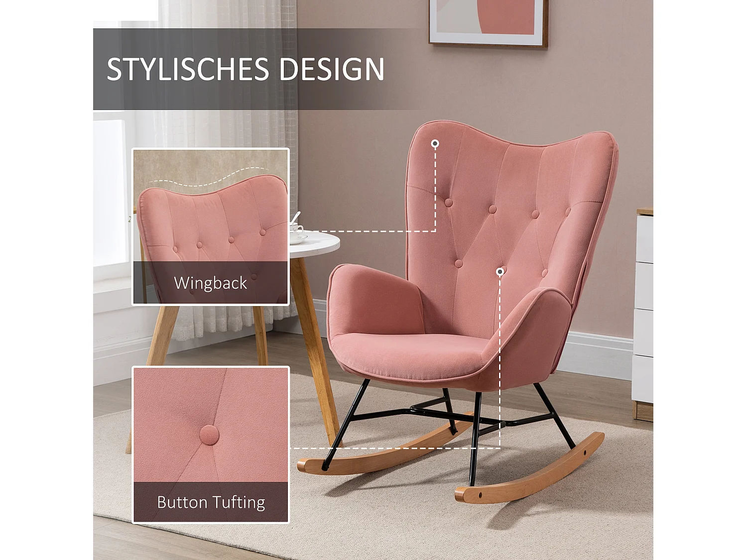 Fauteuil à bascule 2-en-1, dossier haut, structure acier, polyester velours, pieds bois gomme, rose (65x70x96cm)