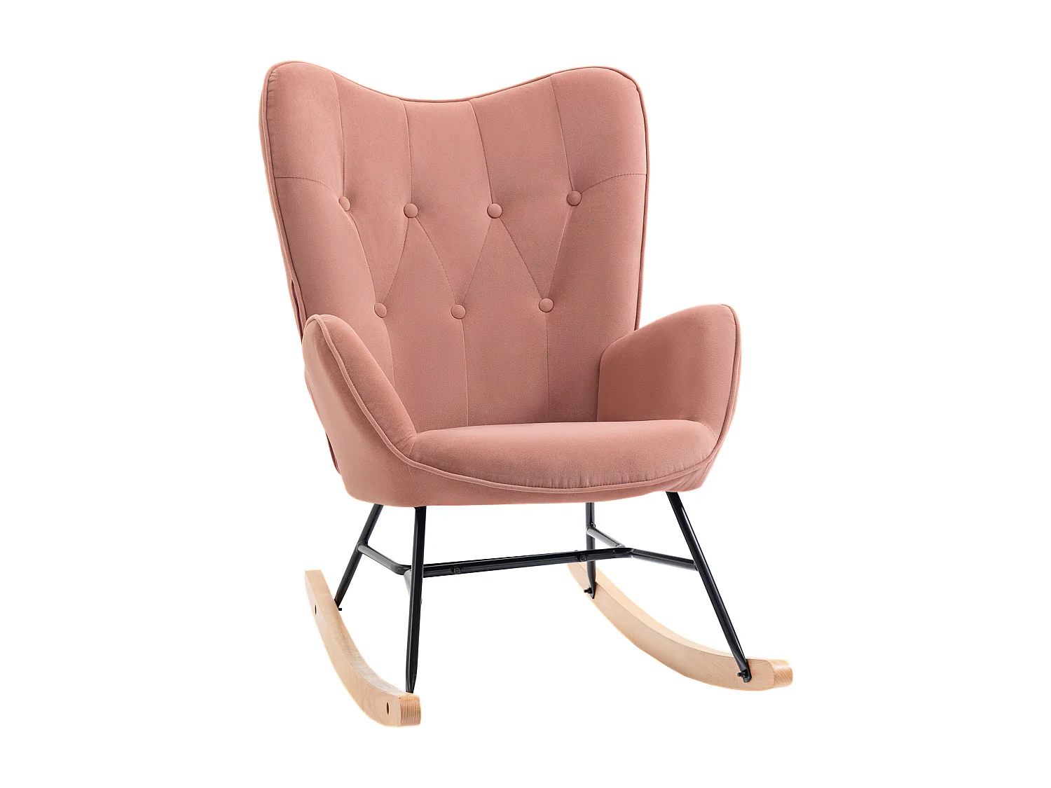 Fauteuil à bascule 2-en-1, dossier haut, structure acier, polyester velours, pieds bois gomme, rose (65x70x96cm)