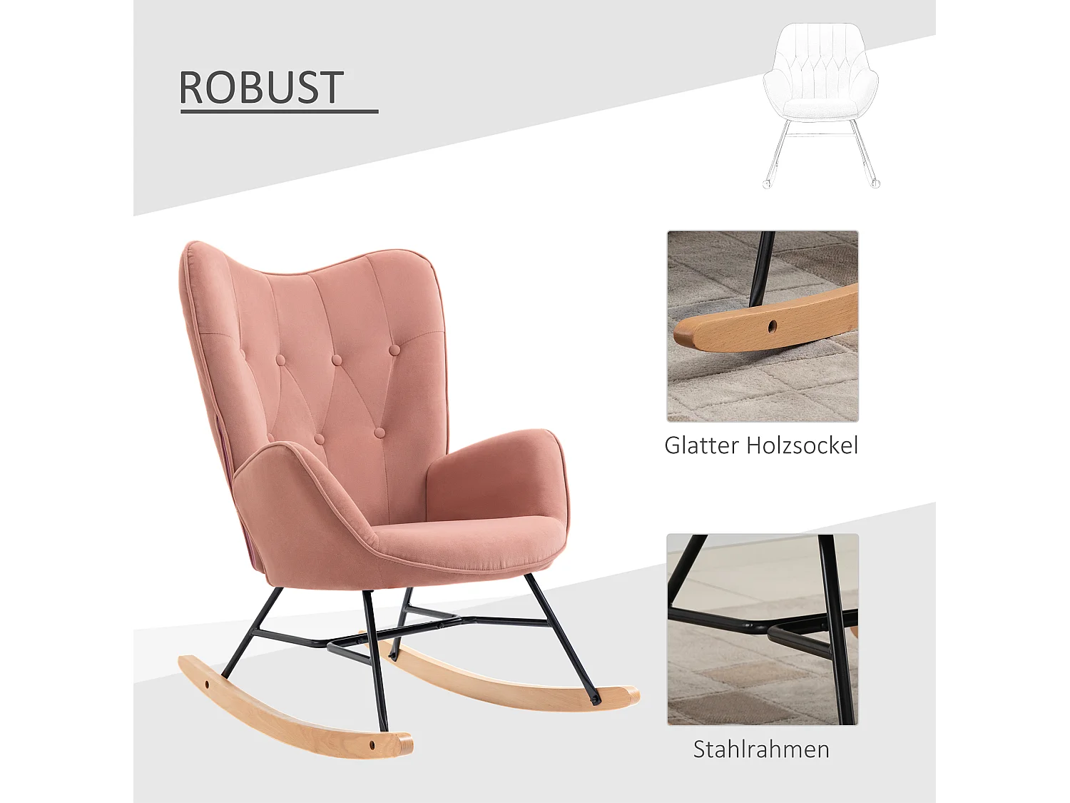 Fauteuil à bascule 2-en-1, dossier haut, structure acier, polyester velours, pieds bois gomme, rose (65x70x96cm)