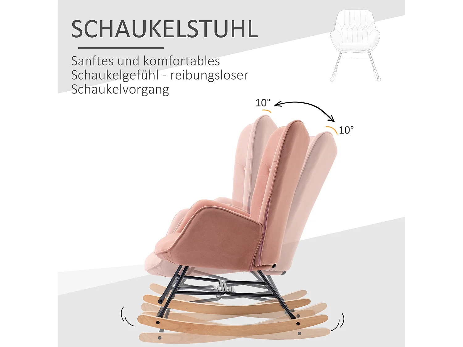 Fauteuil à bascule 2-en-1, dossier haut, structure acier, polyester velours, pieds bois gomme, rose (65x70x96cm)