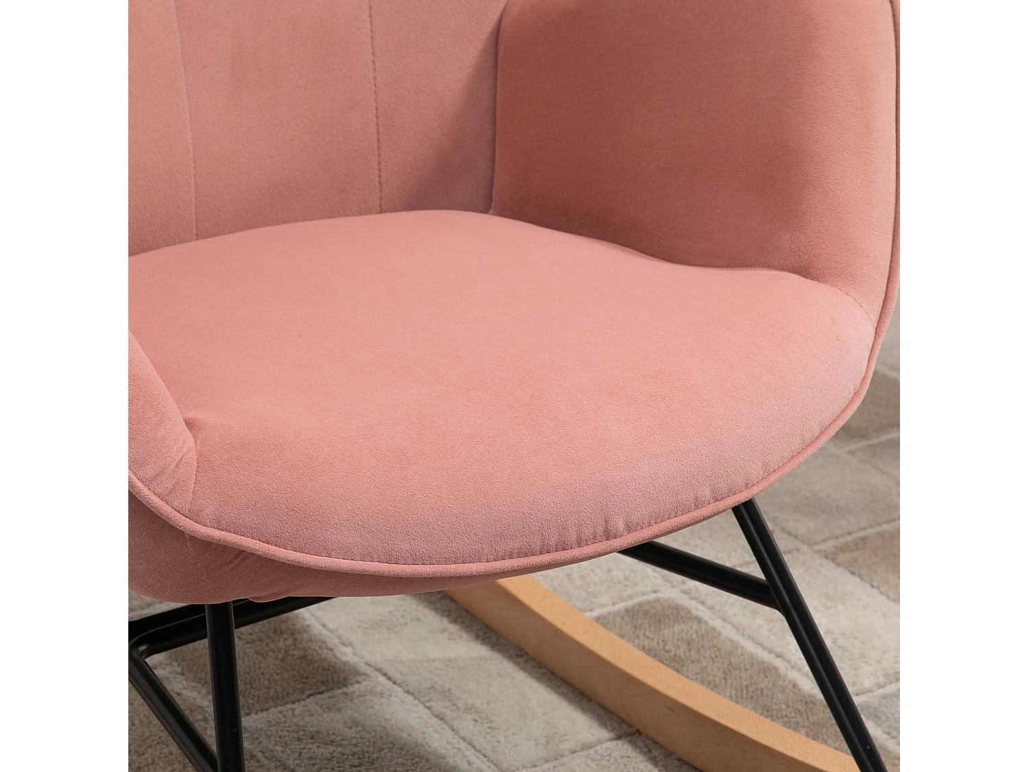 Fauteuil à bascule 2-en-1, dossier haut, structure acier, polyester velours, pieds bois gomme, rose (65x70x96cm)