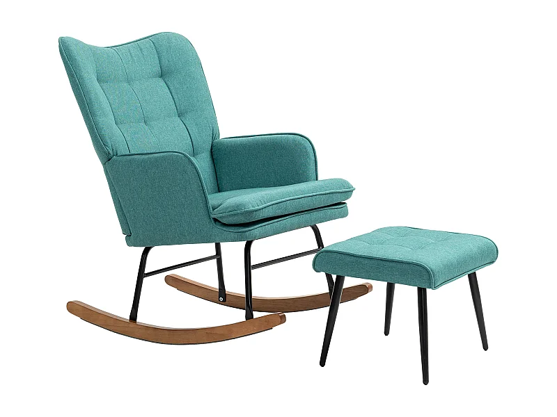 Fauteuil à bascule avec repose-pieds, lin, vert foncé, bois massif et métal (64x89x90cm)