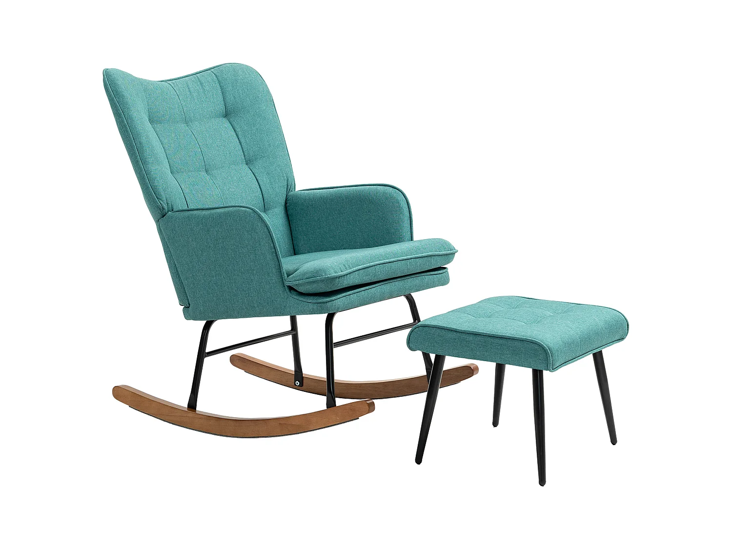 Fauteuil à bascule avec repose-pieds, lin, vert foncé, bois massif et métal (64x89x90cm)