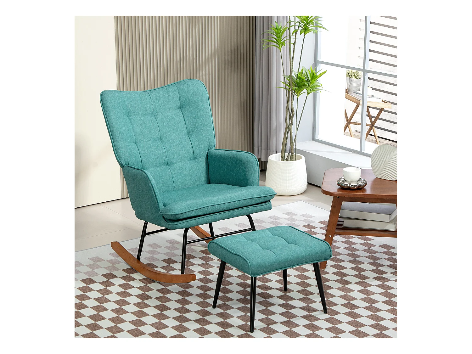 Fauteuil à bascule avec repose-pieds, lin, vert foncé, bois massif et métal (64x89x90cm)