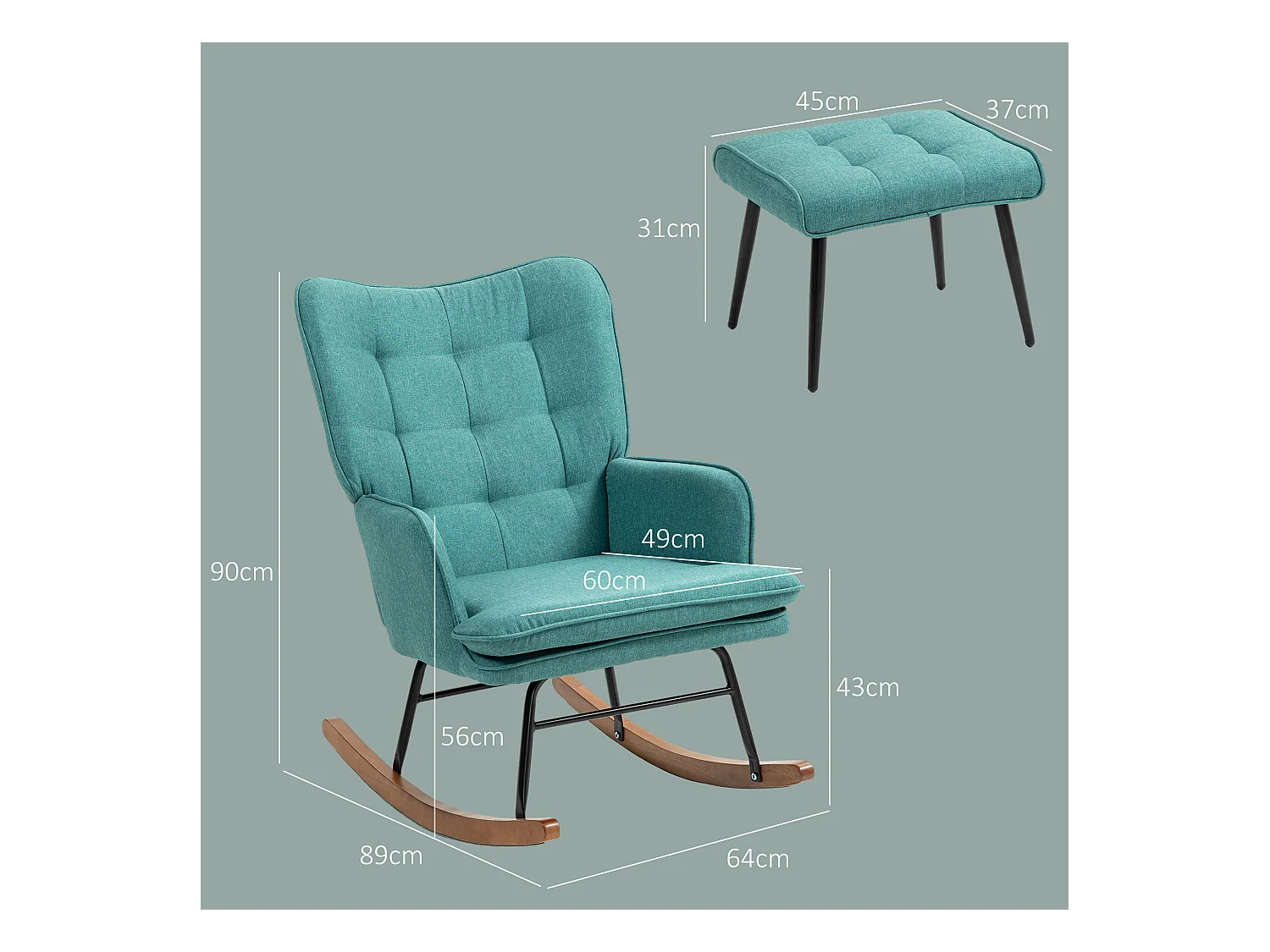 Fauteuil à bascule avec repose-pieds, lin, vert foncé, bois massif et métal (64x89x90cm)