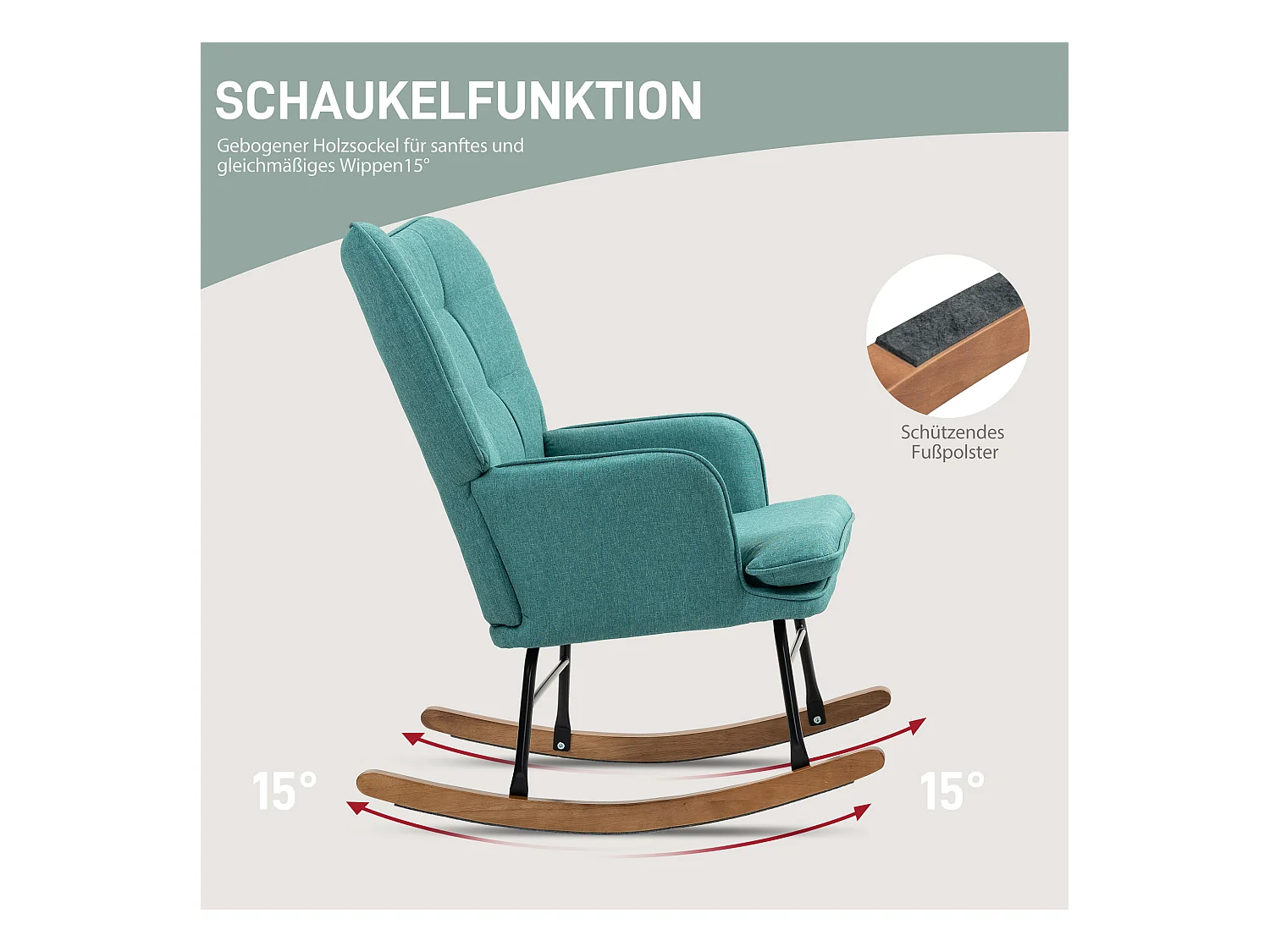 Fauteuil à bascule avec repose-pieds, lin, vert foncé, bois massif et métal (64x89x90cm)