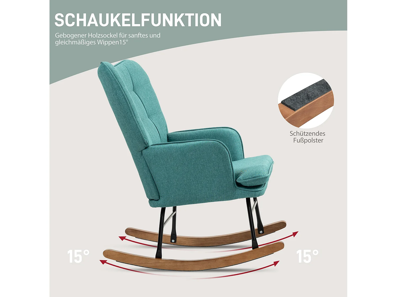 Fauteuil à bascule avec repose-pieds, lin, vert foncé, bois massif et métal (64x89x90cm)