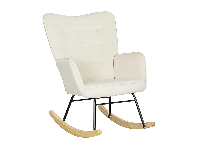 Schommelstoel met armleuningen, beige fluwelen bekleding, houten structuur, comfortabel en stabiel (71x98x101cm)