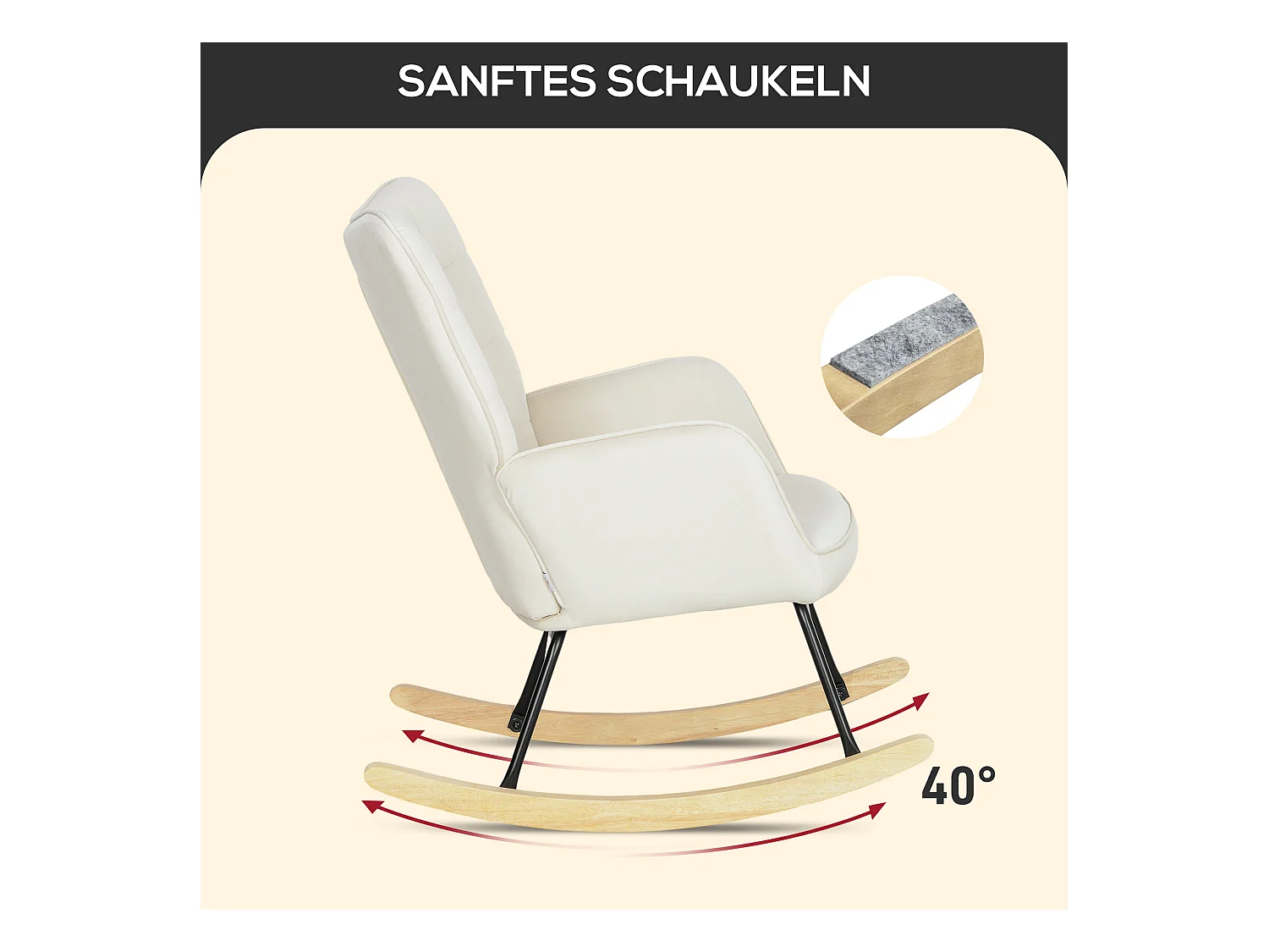 Fauteuil à bascule avec accoudoirs, revêtement velours beige, structure bois, confortable et stable (71x98x101cm)