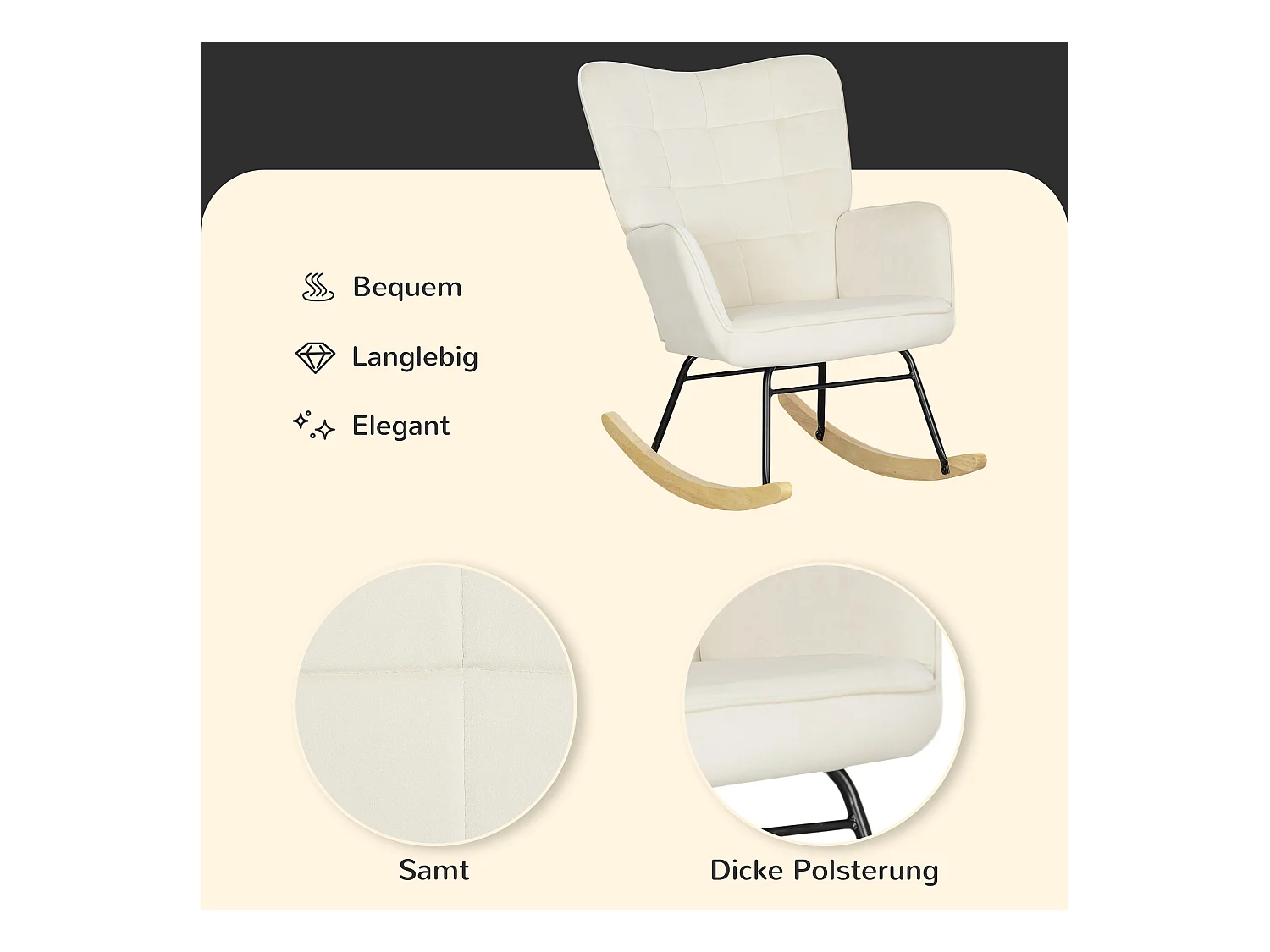 Fauteuil à bascule avec accoudoirs, revêtement velours beige, structure bois, confortable et stable (71x98x101cm)