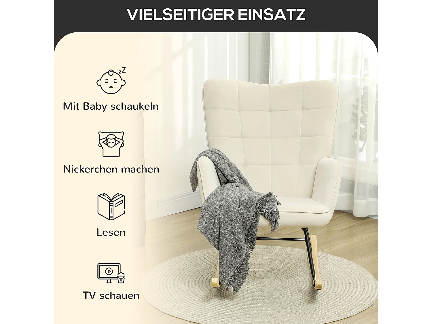 Schaukelstuhl mit Armlehnen, beige Samtpolsterung, Holzstruktur, bequem und stabil (71x98x101cm)